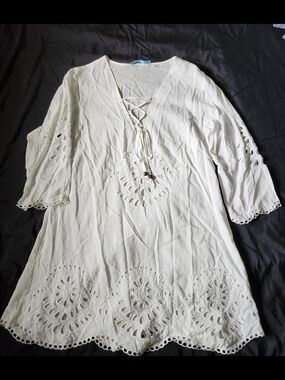 White Eyelet Lace-Up Boho Tunic